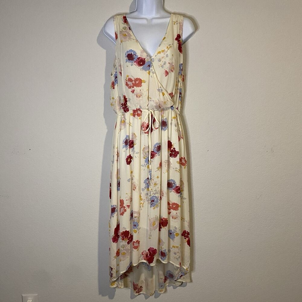 Lucky Brand Womens Painted Floral Maxi Hi Low Large Cream Dress Faux Wrap Summer